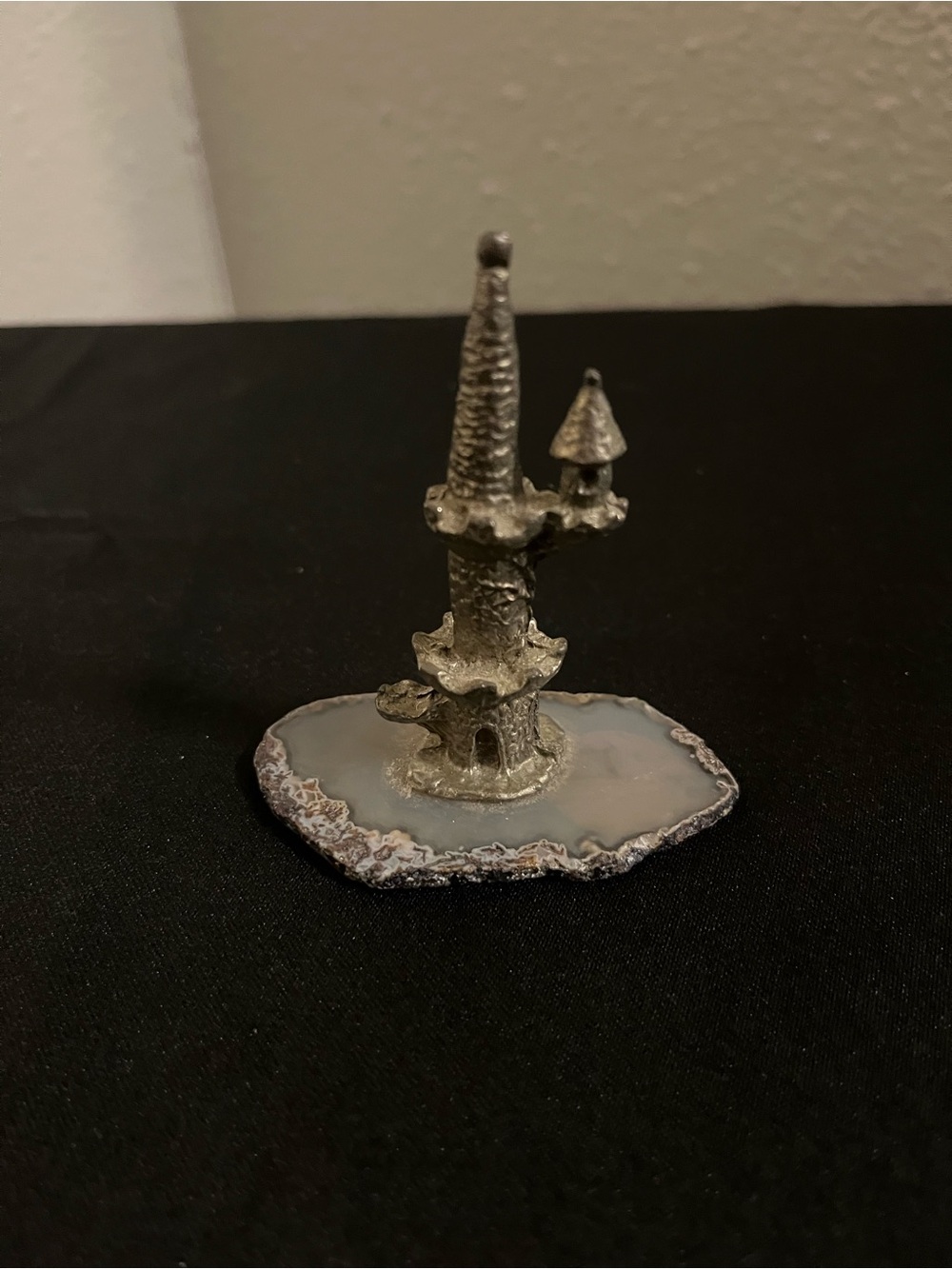 Miniature Pewter Medieval Castle Sculpture on Agate Slice - Silver Gray
